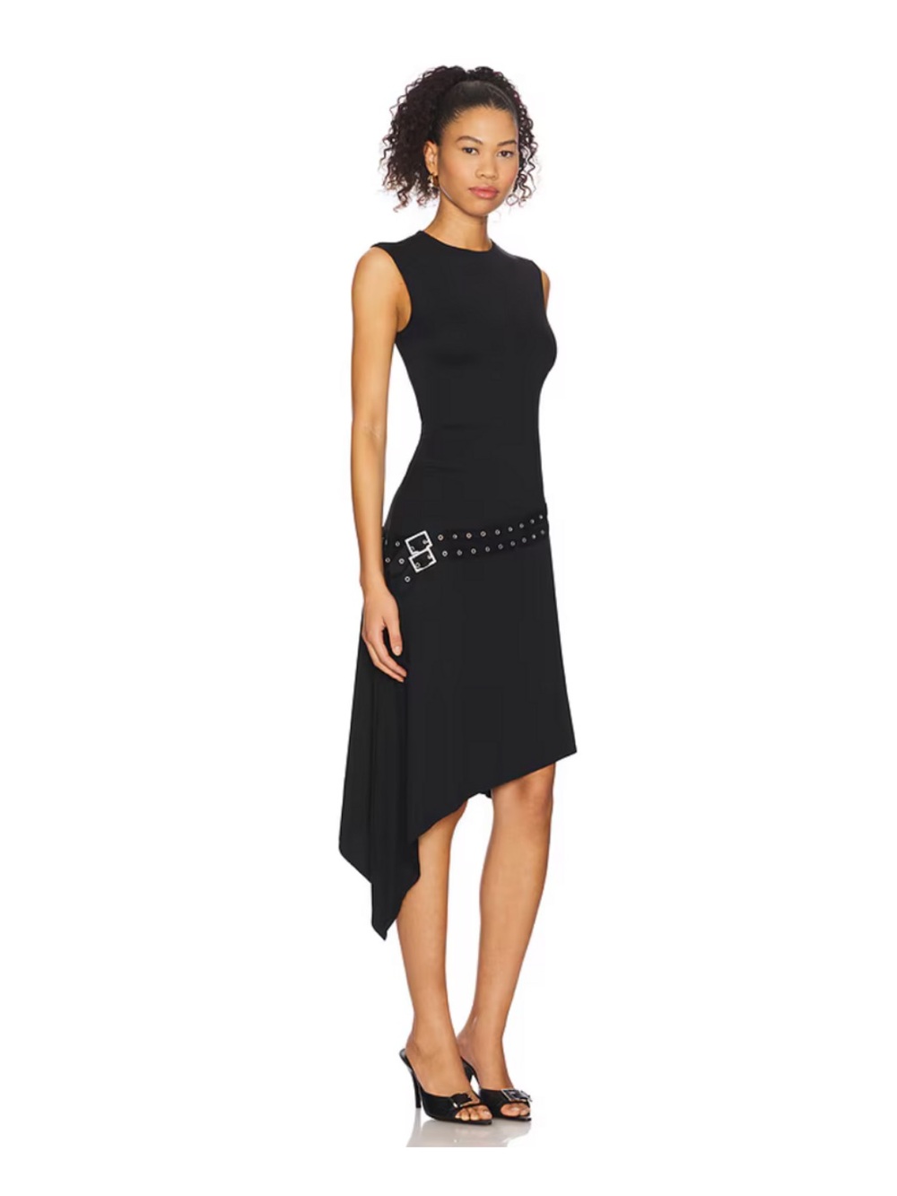 With Jean Black Asymmetric Hem Studded Belt Dress